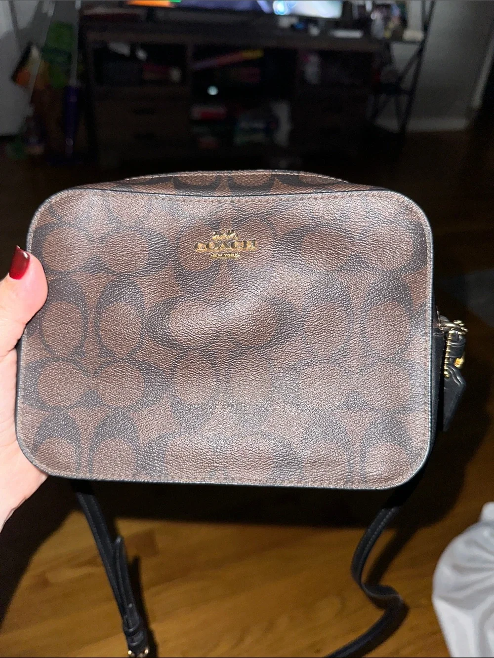 Coach Brown and Black Signature Coated Canvas Crossbody with Black Strap